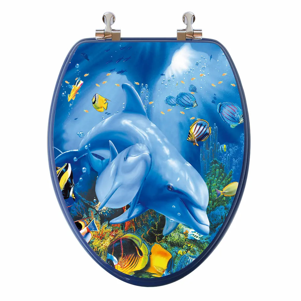 topseat 3D Dolphin Family elongated toilet seat with a closed blue lid featuring dolphins, tropical fish and a coral reef.