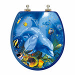 topseat 3D Dolphin Family round toilet seat with a closed blue lid featuring dolphins, tropical fish and a coral reef.