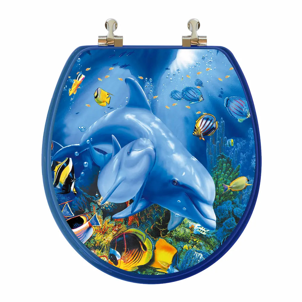 topseat 3D Dolphin Family round toilet seat with a closed blue lid featuring dolphins, tropical fish and a coral reef.