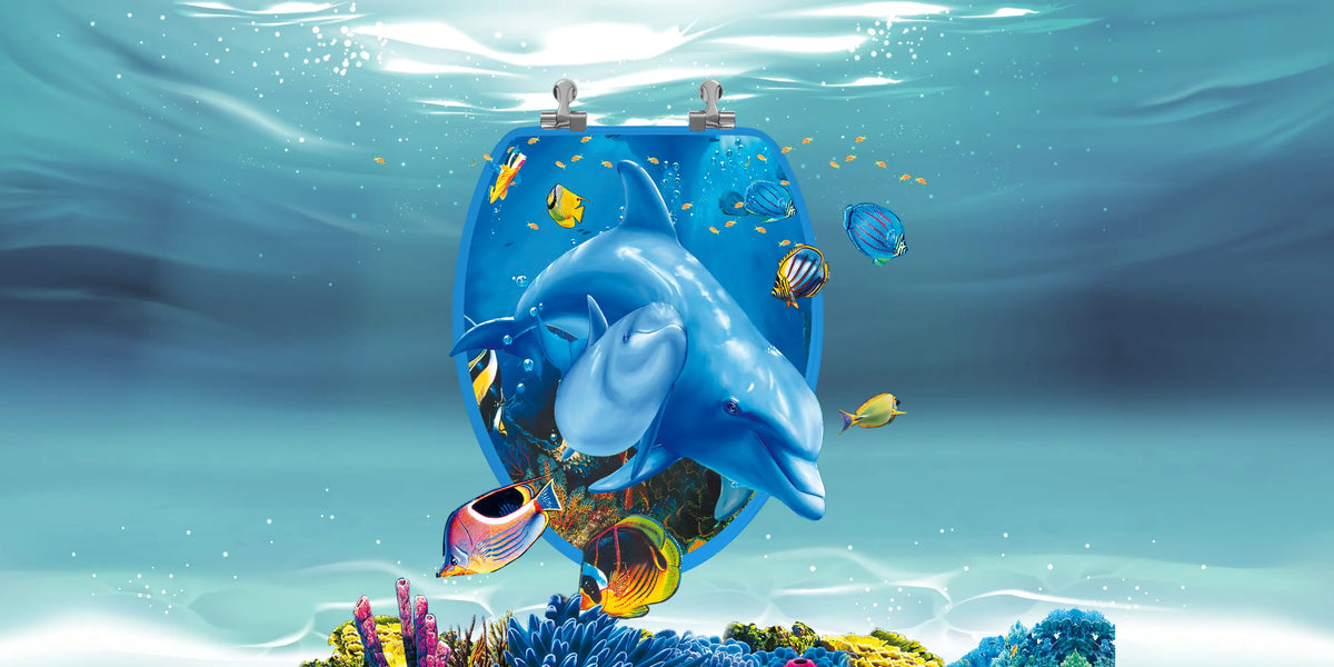Illustration of the topseat 3D Dolphin Family toilet seat with dolphins, tropical fish and coral highlighting the artwork’s visual depth.