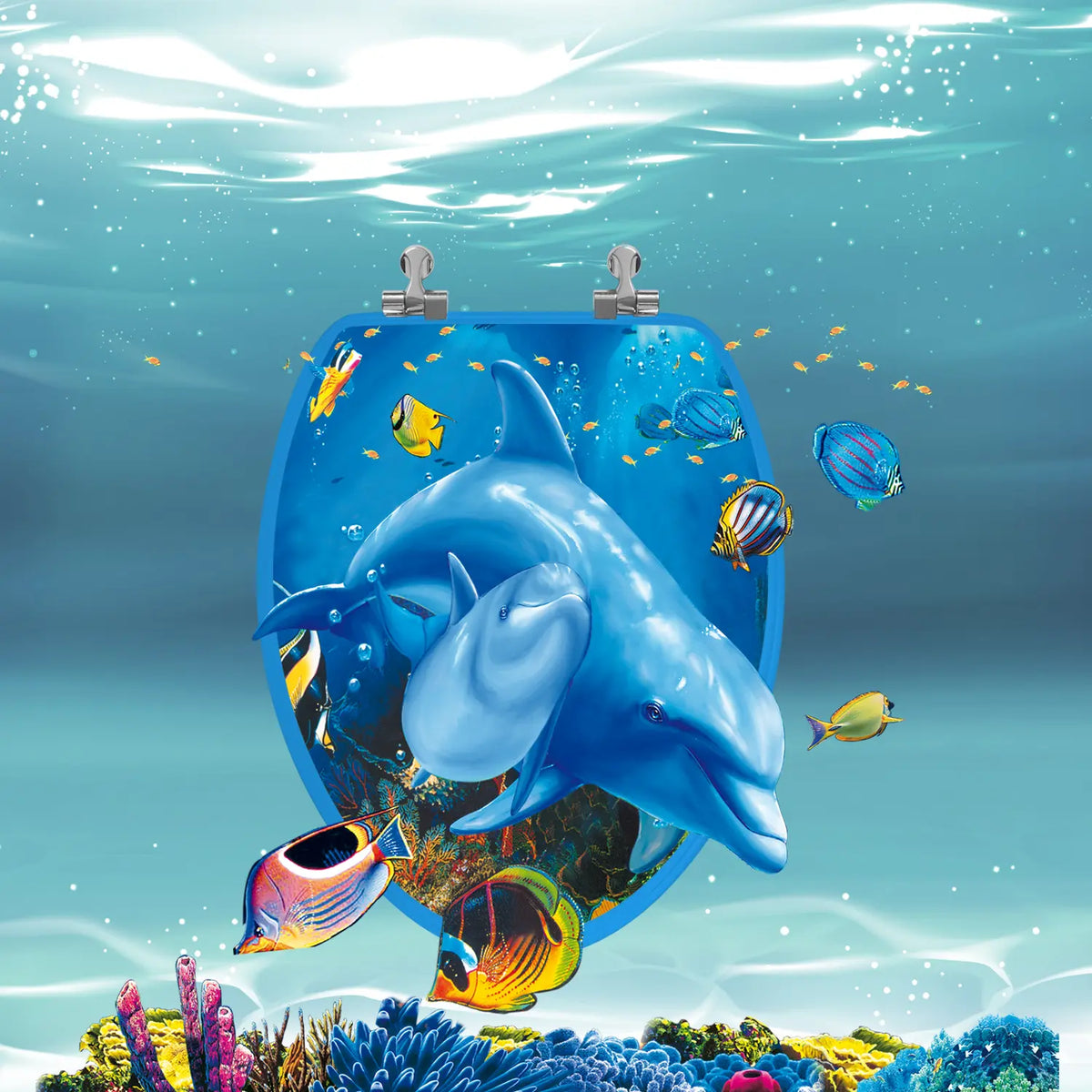 Illustration of the topseat 3D Dolphin Family toilet seat with dolphins, tropical fish and coral highlighting the artwork’s visual depth.