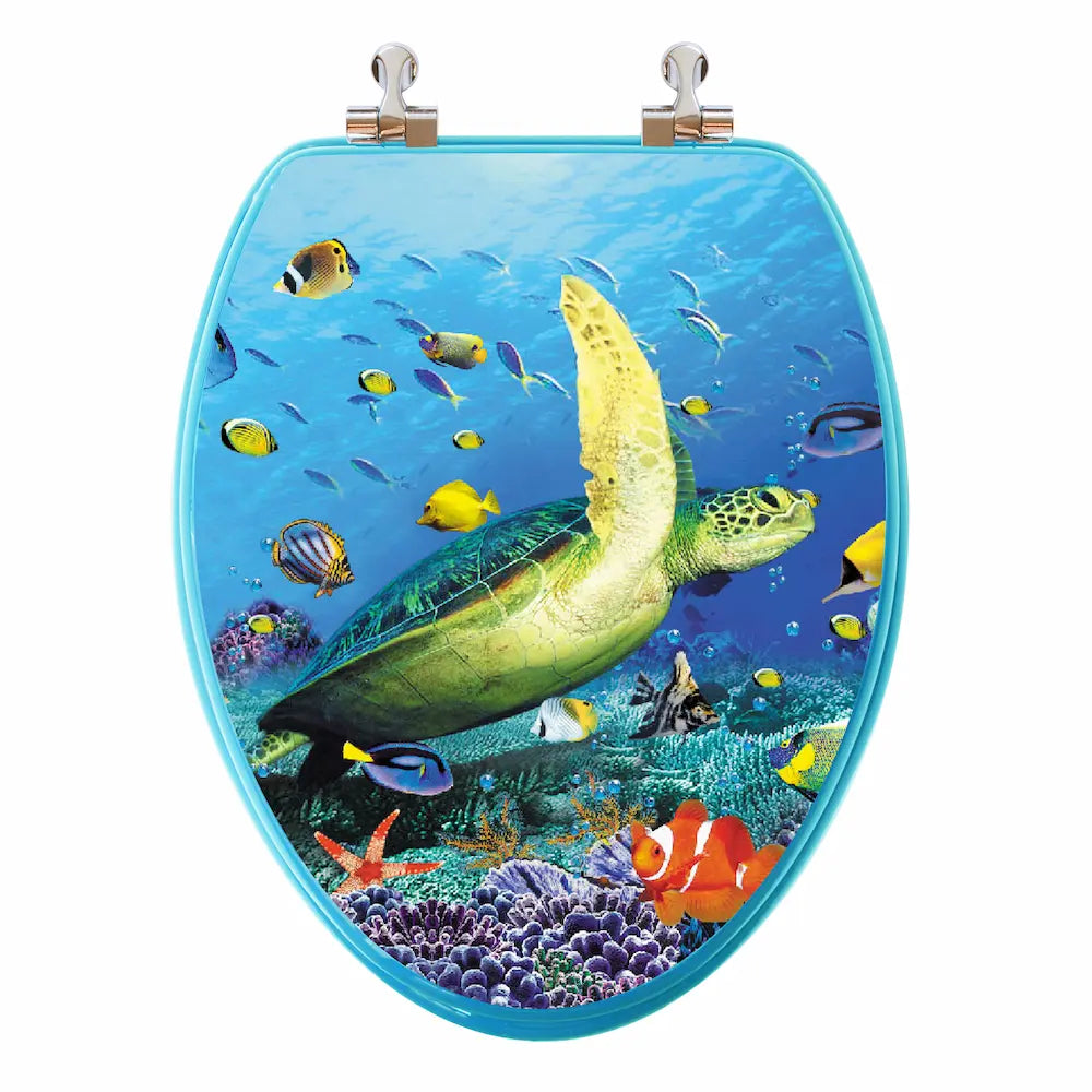 topseat 3D Sea Turtle elongated toilet seat with a closed turquoise-edged lid featuring a sea turtle, tropical fish and coral.