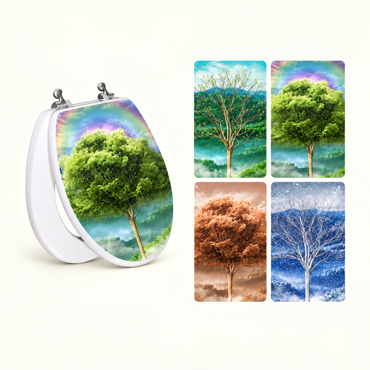 topseat 3D Vario Scenario Seasons toilet seat beside close-up views of its spring, summer, fall and winter artwork.