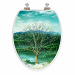 topseat 3D Vario Scenario Seasons elongated toilet seat with a closed lid showing a budding tree against green hills and mist.