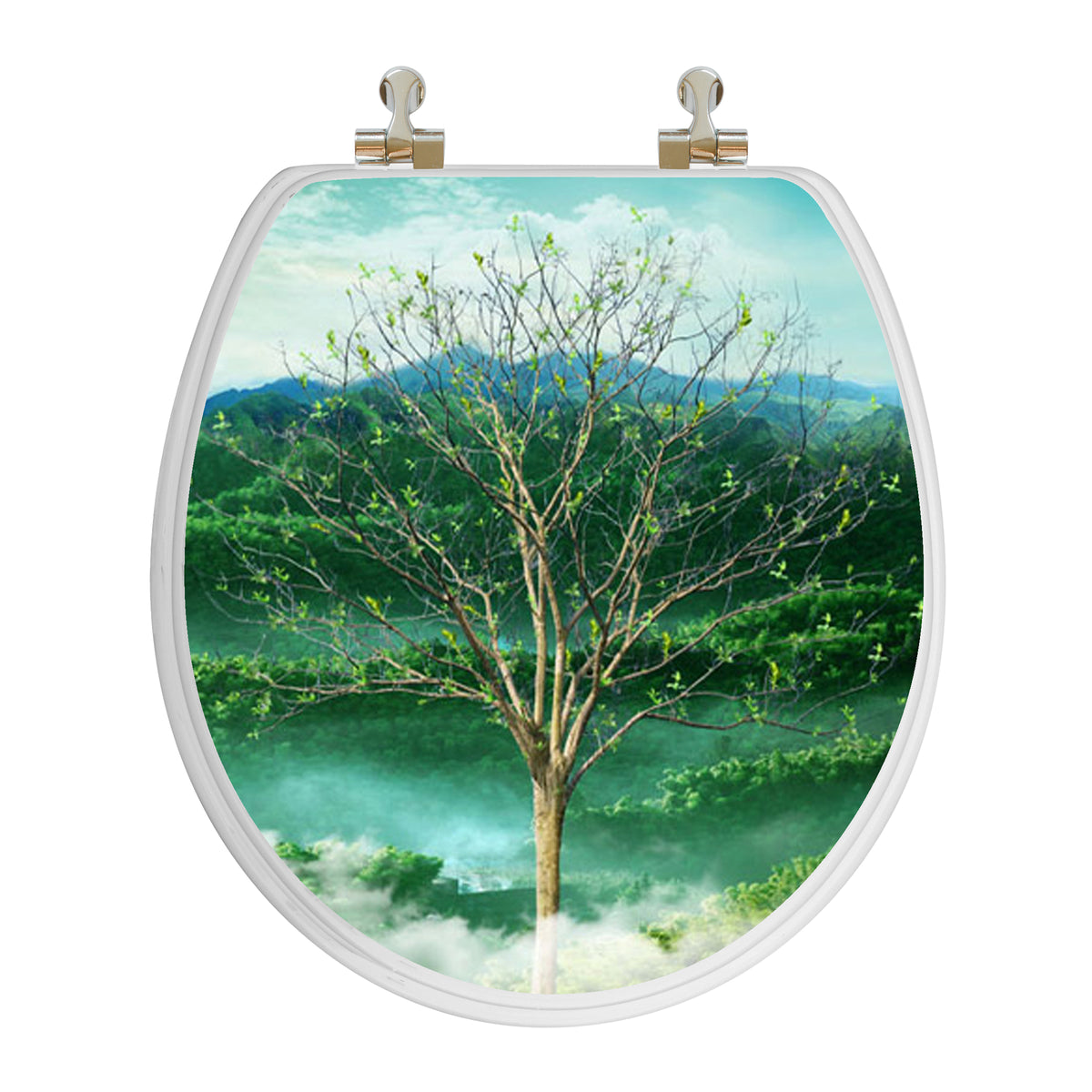 topseat 3D Vario Scenario Seasons round toilet seat with a closed lid showing a budding tree against green hills and mist.