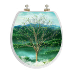 topseat 3D Vario Scenario Seasons round toilet seat with a closed lid showing a budding tree against green hills and mist.
