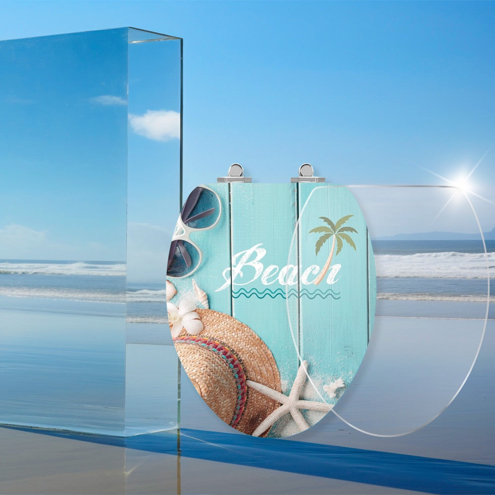 Art of Acryl Beach toilet seat lid with a clear acrylic layer shown separately to illustrate its surface construction.