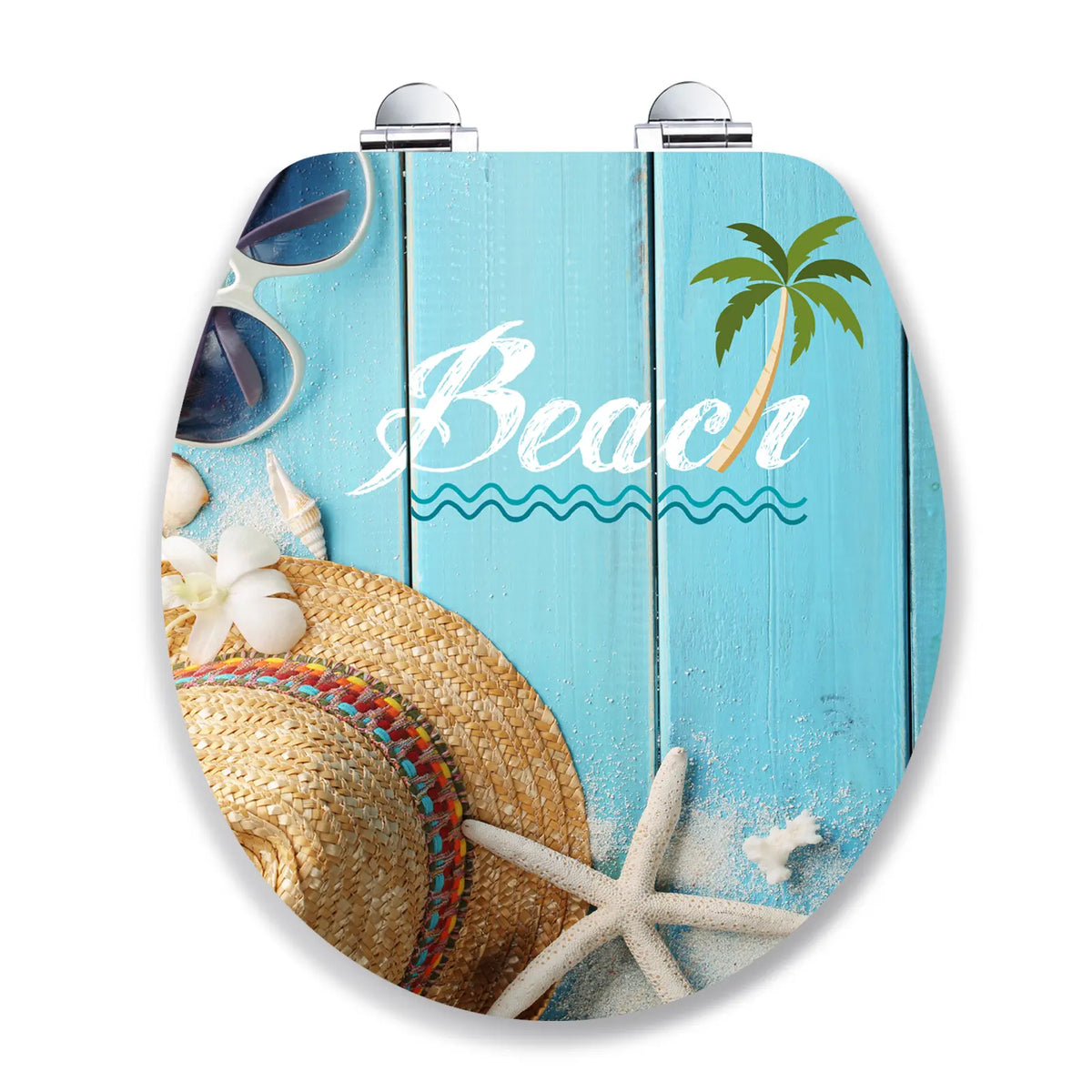 topseat Art of Acryl Beach round toilet seat with a closed lid featuring turquoise planks, sunglasses, a straw hat and a starfish.
