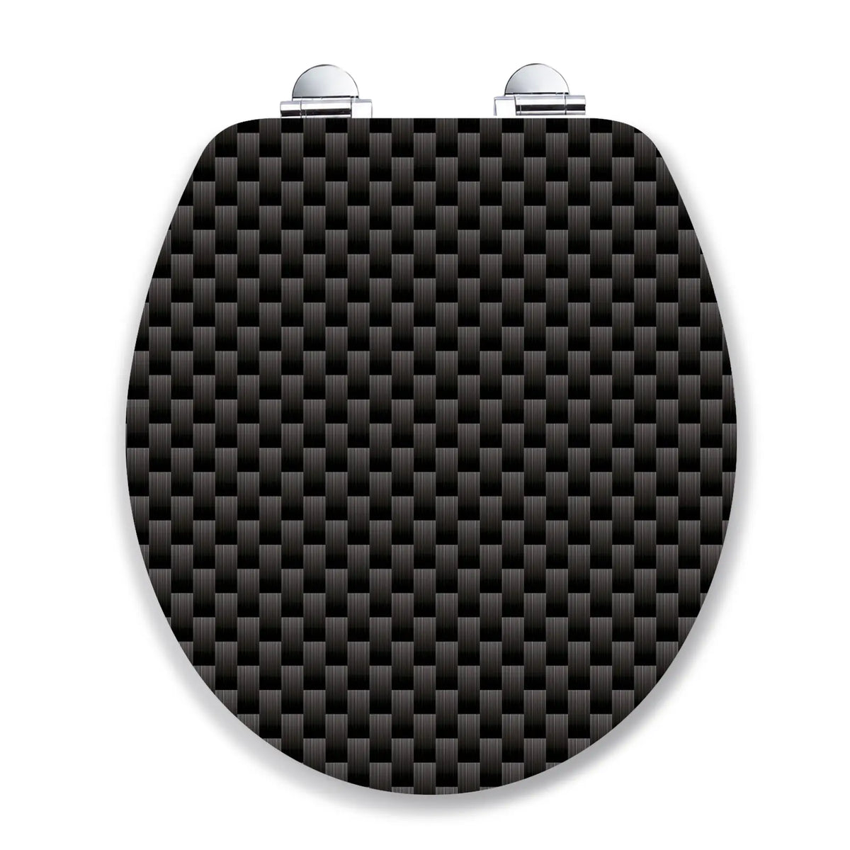 topseat Art of Acryl Carbon round toilet seat with a closed lid featuring a black and gray woven carbon-look pattern and chrome hinges.