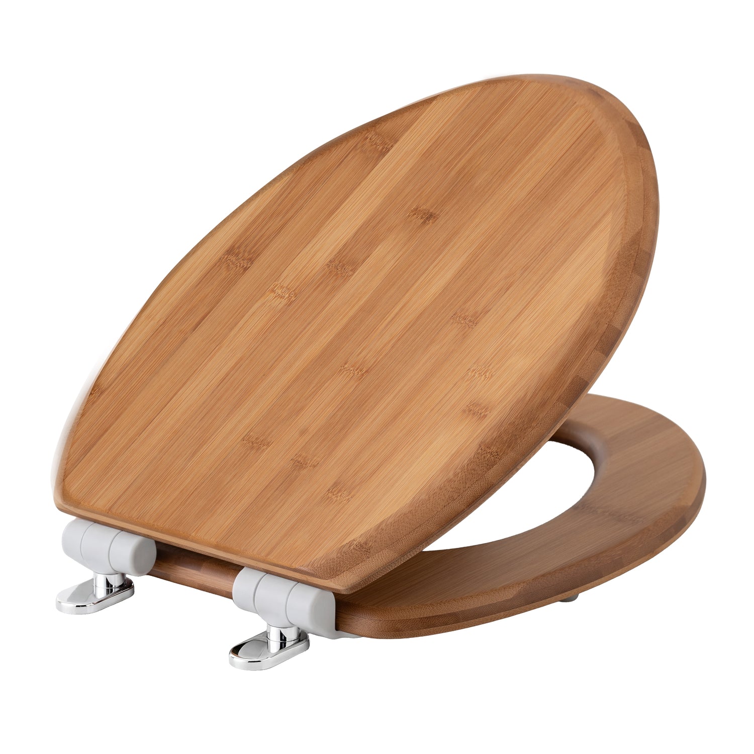 Angled view of the Topseat elongated bamboo toilet seat with the lid lifted, highlighting the rich natural wood grain and the premium metal hinges designed for smooth, quiet operation.