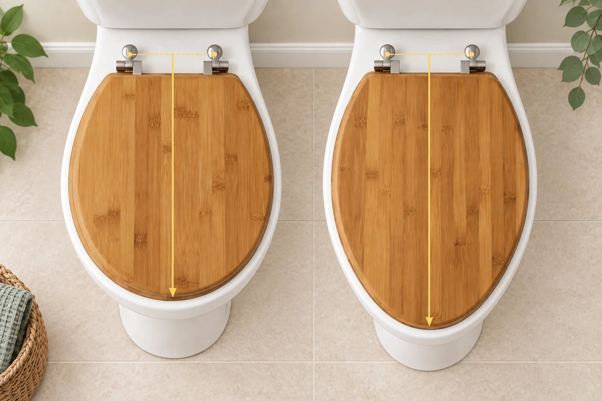 Round and elongated Topseat bamboo toilet seats measured from the mounting-hole centerline to the front edge