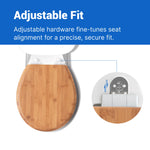 Topseat bamboo round toilet seat with adjustable mounting hardware for front-to-back alignment