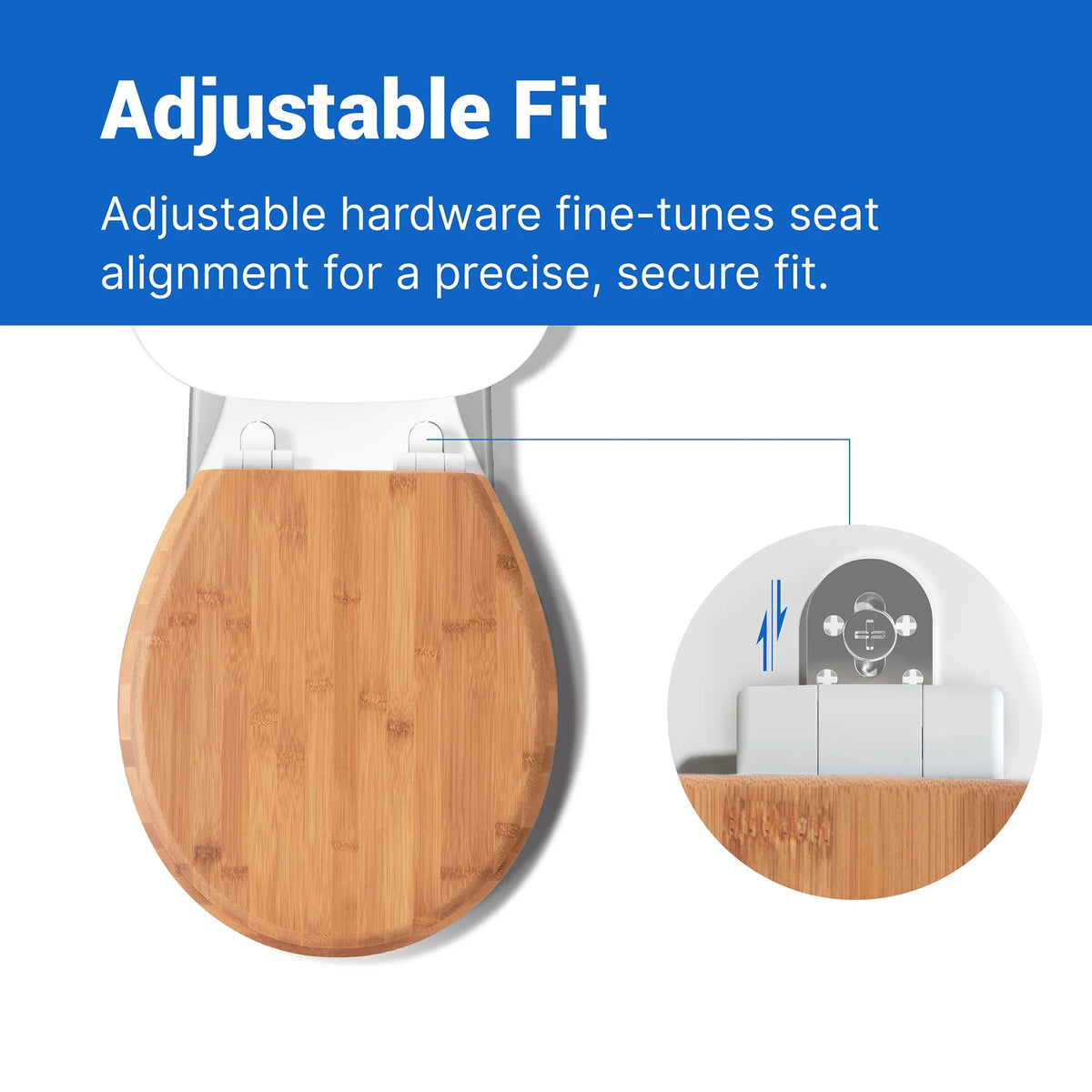 Topseat bamboo round toilet seat with adjustable mounting hardware for front-to-back alignment