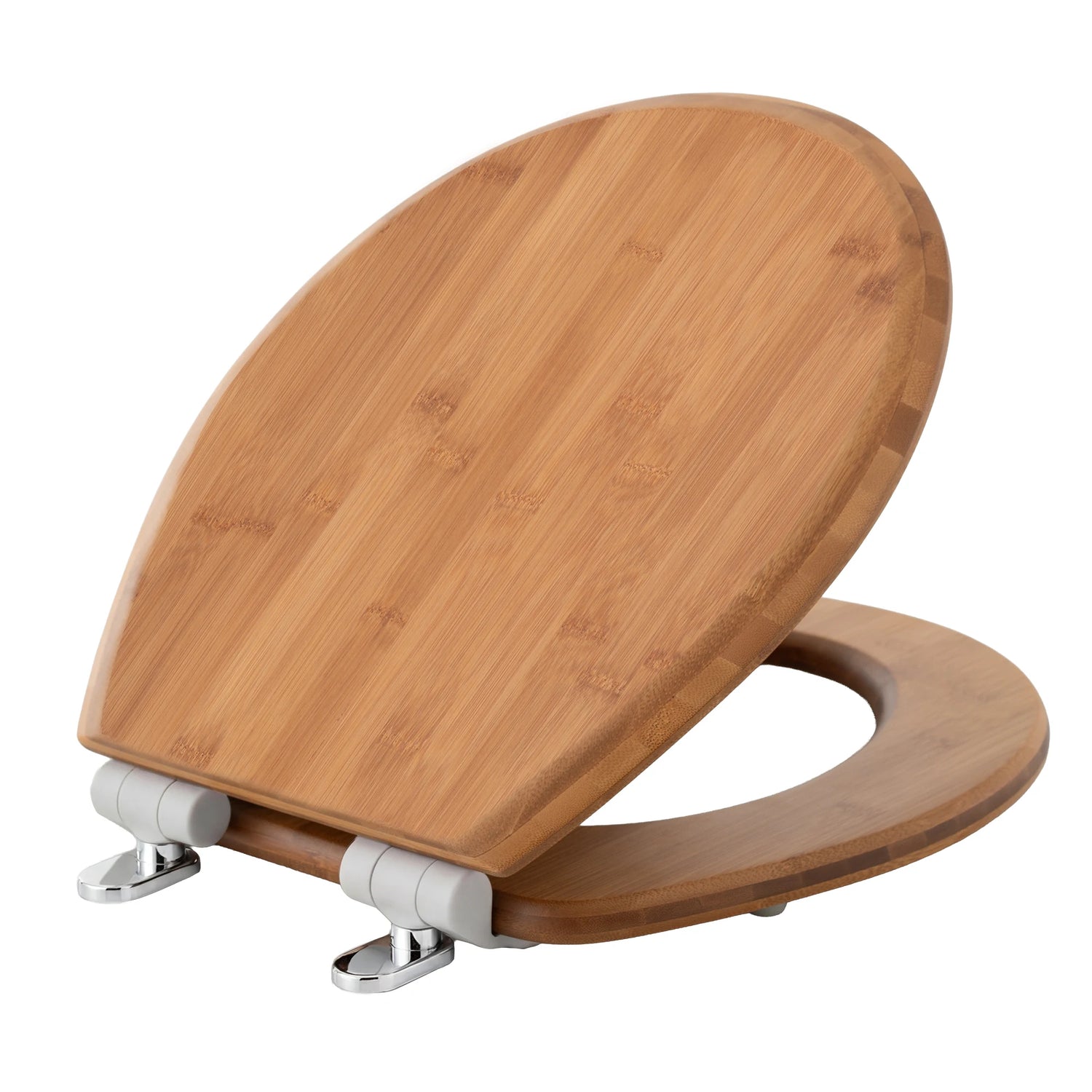 Topseat bamboo round toilet seat with the lid raised, natural bamboo grain and light gray hinges