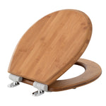 Angled view of the Topseat round bamboo toilet seat with the lid partially open, showcasing the thick, natural bamboo construction and the sleek stainless steel Magic Hinge system.