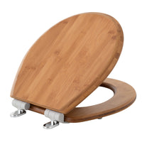 Angled view of the Topseat round bamboo toilet seat with the lid partially open, showcasing the thick, natural bamboo construction and the sleek stainless steel Magic Hinge system. #Round