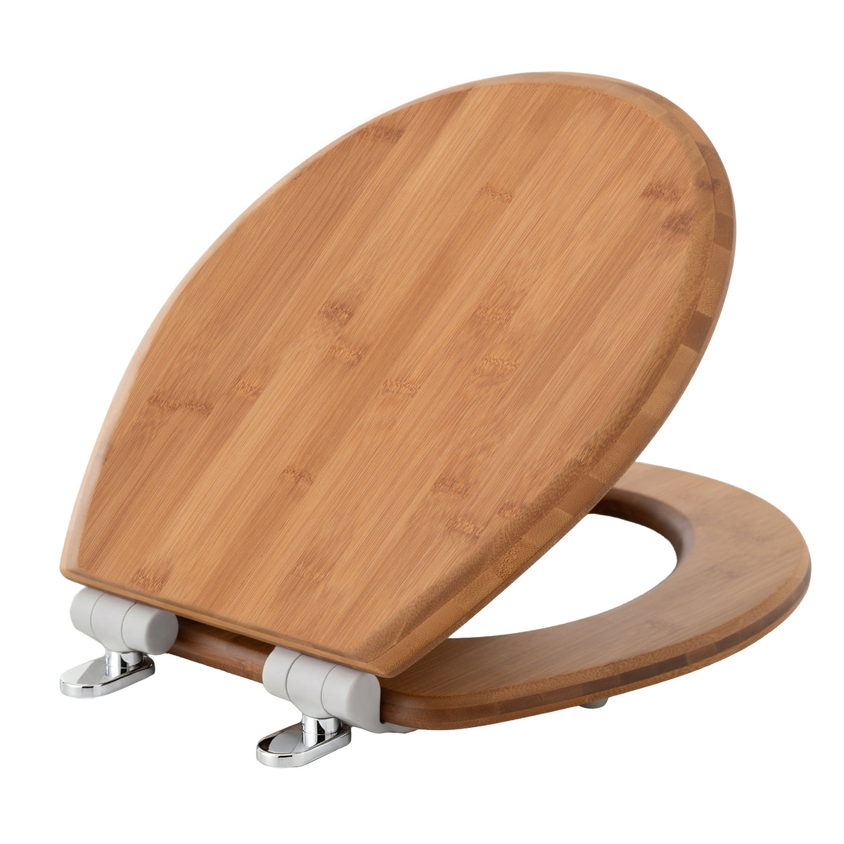 Angled view of the Topseat round bamboo toilet seat with the lid partially open, showcasing the thick, natural bamboo construction and the sleek stainless steel Magic Hinge system. #Round