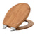 Angled view of the Topseat round bamboo toilet seat with the lid partially open, showcasing the thick, natural bamboo construction and the sleek stainless steel Magic Hinge system. #Round
