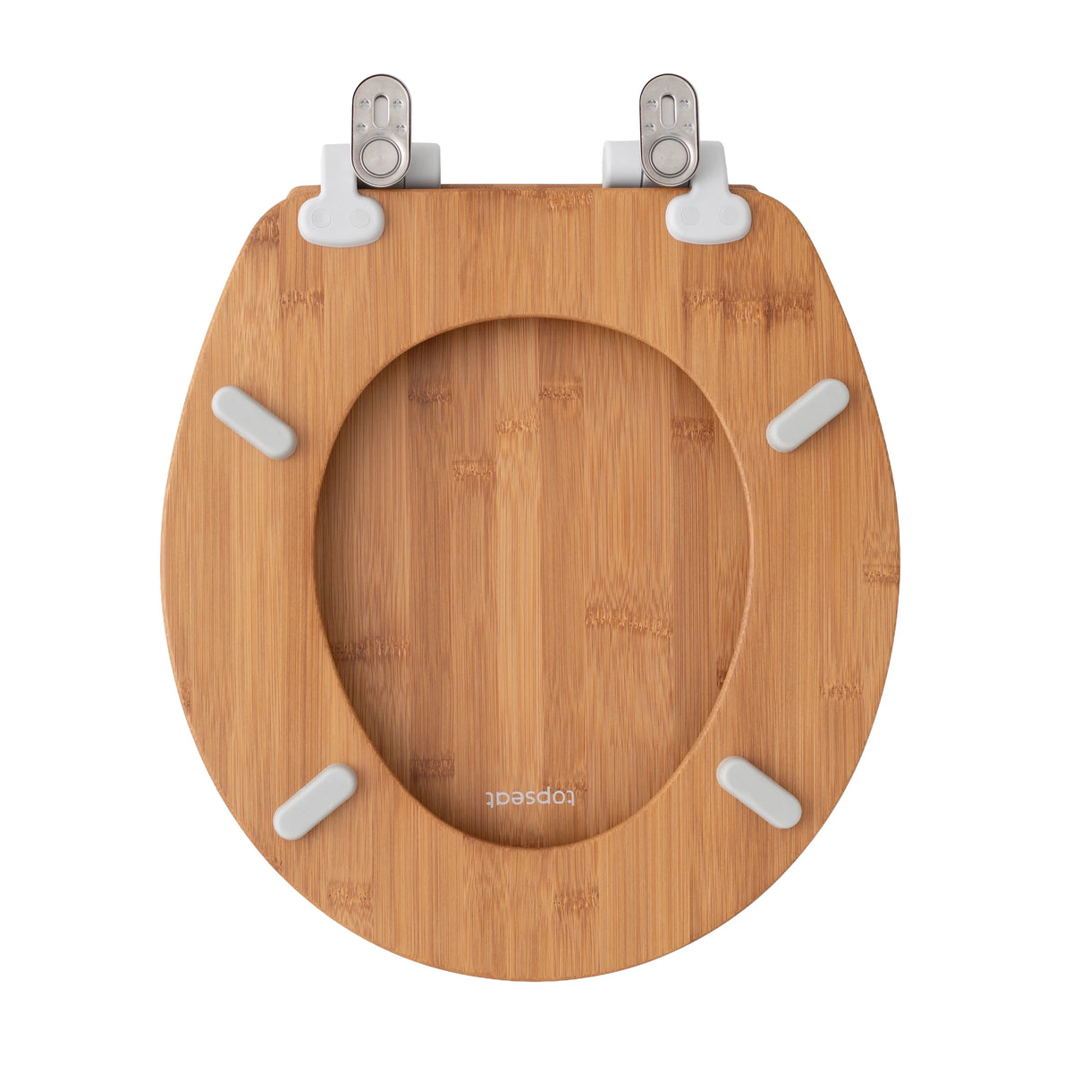 Topseat bamboo round toilet seat underside with four non-slip bumpers and mounting hinges