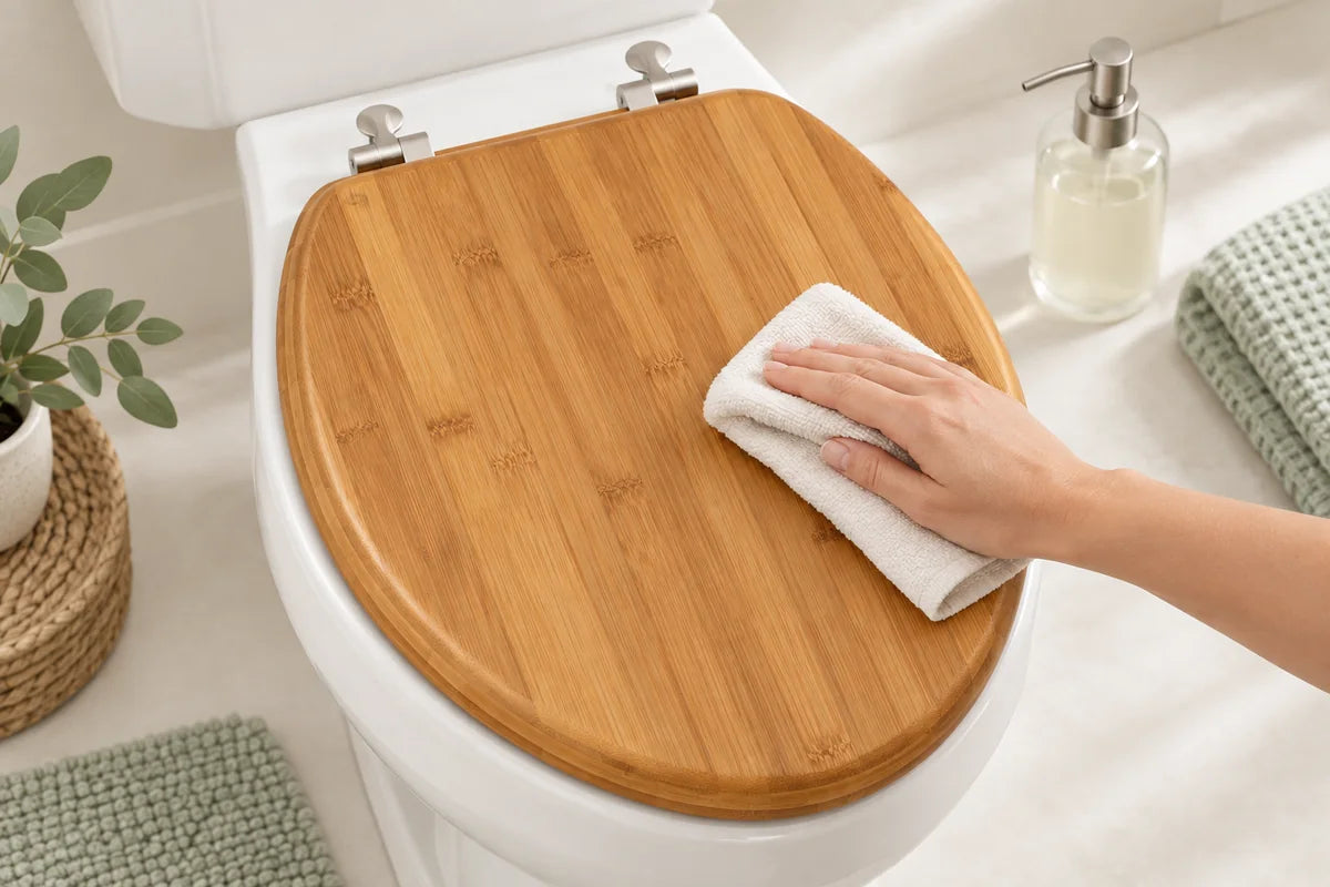 Topseat bamboo toilet seat being gently cleaned with a soft cloth and mild soap