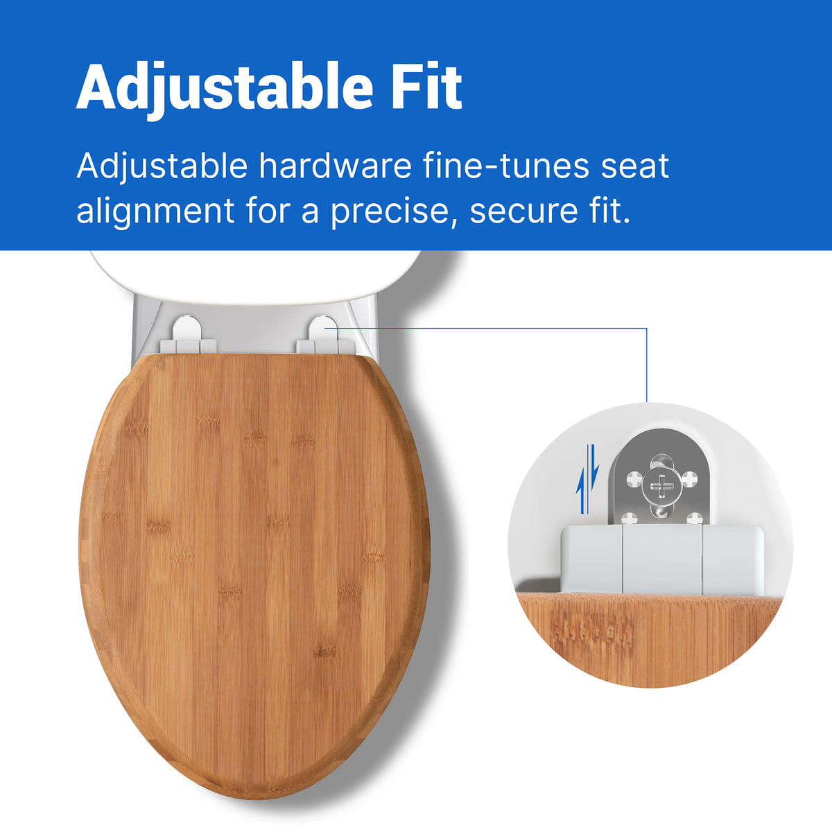 Top-down view of the Topseat Bamboo toilet seat highlighting the adjustable hardware system, designed for precise front-to-back alignment to ensure a seamless and secure fit on the bowl.