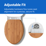 Top-down view of the Topseat Bamboo toilet seat highlighting the adjustable hardware system, designed for precise front-to-back alignment to ensure a seamless and secure fit on the bowl.