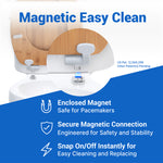 Close-up of the Topseat Bamboo toilet seat's Magic Hinge system, demonstrating the enclosed magnetic connection that allows the seat to snap off instantly for effortless, zero-blind-spot cleaning.
