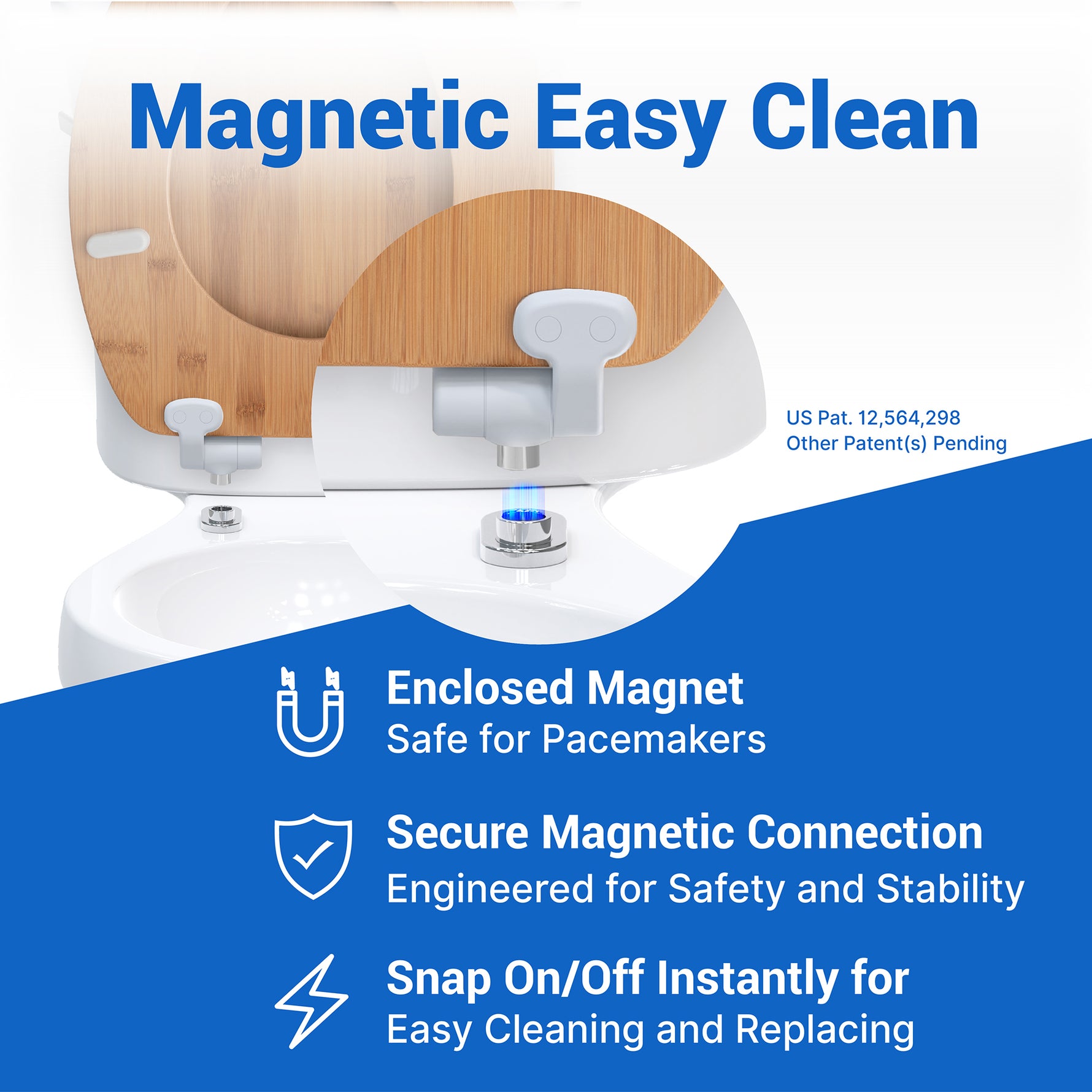 Close-up of the Topseat Bamboo toilet seat's Magic Hinge system, demonstrating the enclosed magnetic connection that allows the seat to snap off instantly for effortless, zero-blind-spot cleaning.
