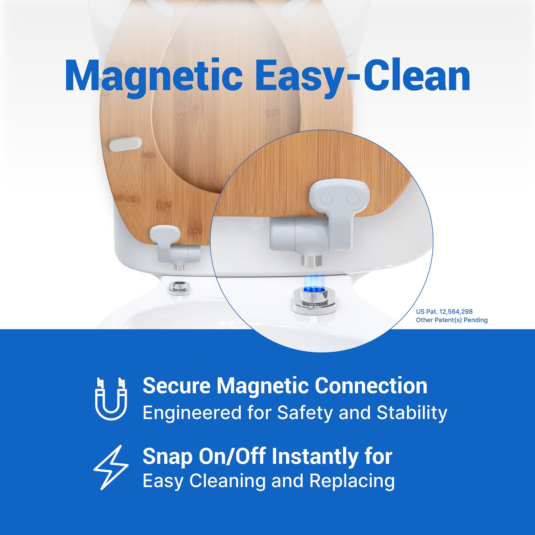Topseat bamboo toilet seat with magnetic quick release for easy cleaning