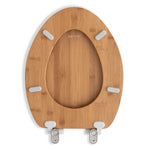 Underside view of the Topseat elongated bamboo toilet seat, featuring the brand logo, four SecureGrip non-slip bumpers, and the quick-release hinge attachments for a secure, wobble-free fit.