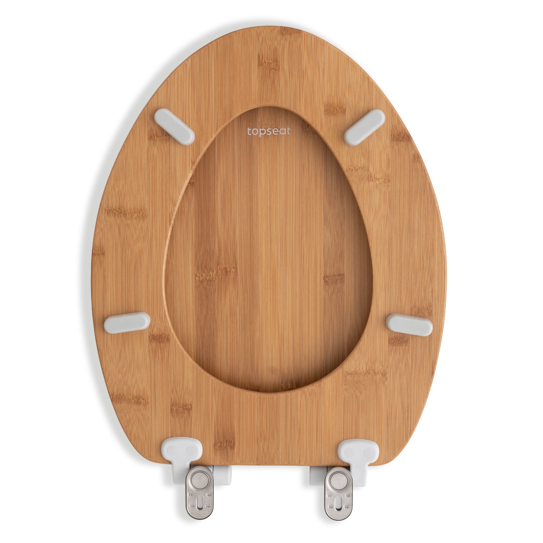 Underside view of the Topseat elongated bamboo toilet seat, featuring the brand logo, four SecureGrip non-slip bumpers, and the quick-release hinge attachments for a secure, wobble-free fit.