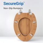 Underside of the Topseat Bamboo toilet seat showing four SecureGrip non-slip bumpers, engineered to grip the toilet bowl firmly and prevent any shifting or wobbling during use.