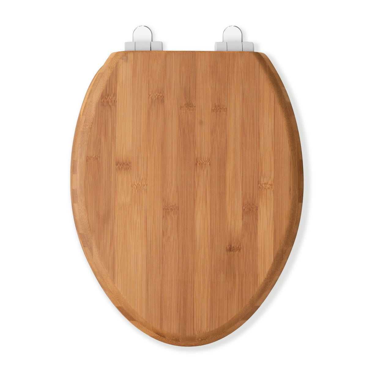 Top-down view of the closed Topseat elongated bamboo toilet seat, perfectly showcasing the organic bamboo texture and elegant, minimalist design for modern bathrooms.