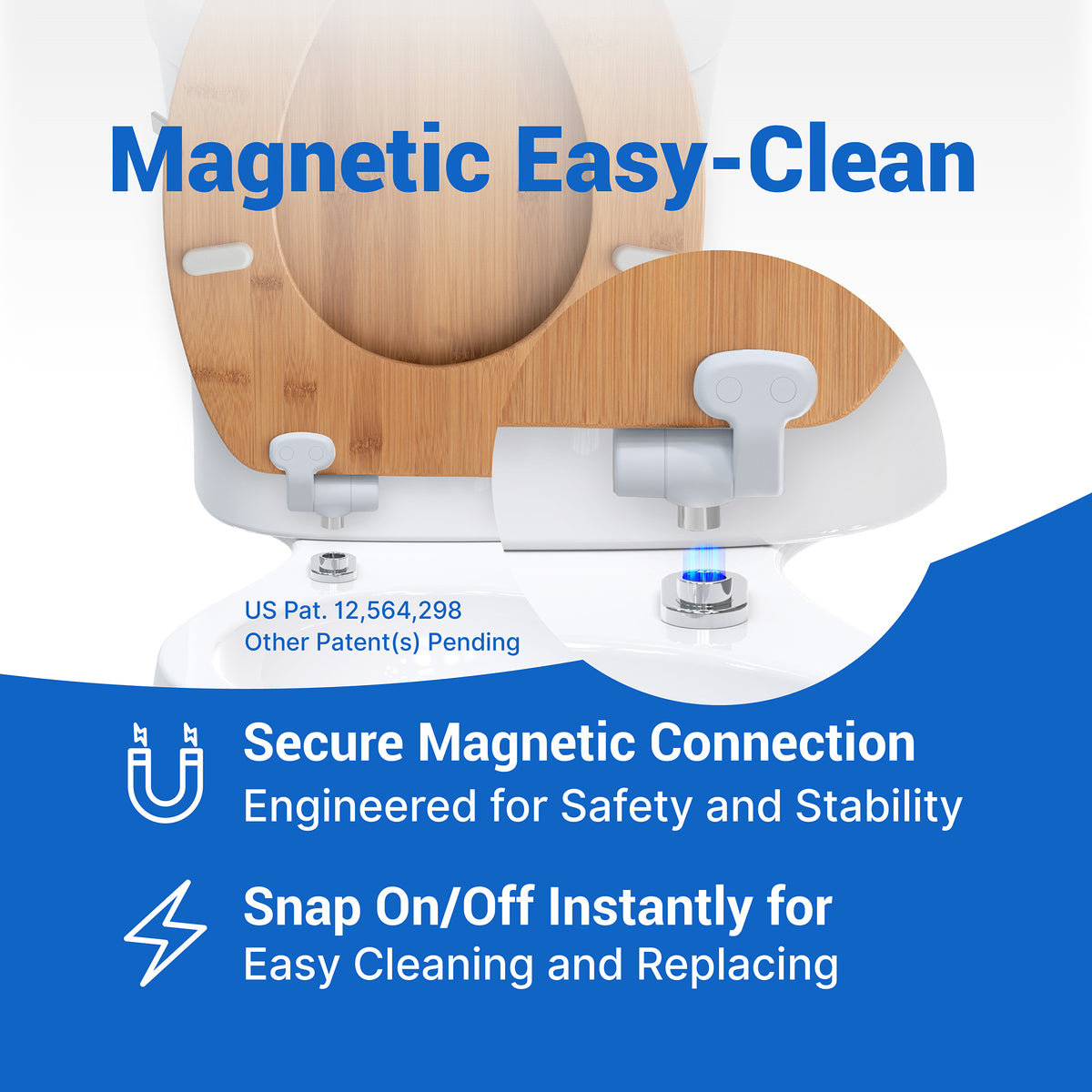 Topseat round bamboo toilet seat with Magic Hinge™ magnetic quick-release system for easier cleaning around the mounting area.