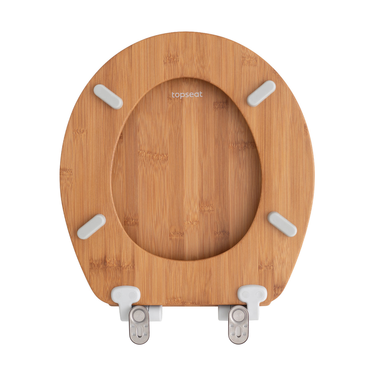 Underside view of the Topseat round bamboo toilet seat, displaying the engraved logo, four SecureGrip bumpers to prevent shifting, and the magnetic quick-release hinge hardware.