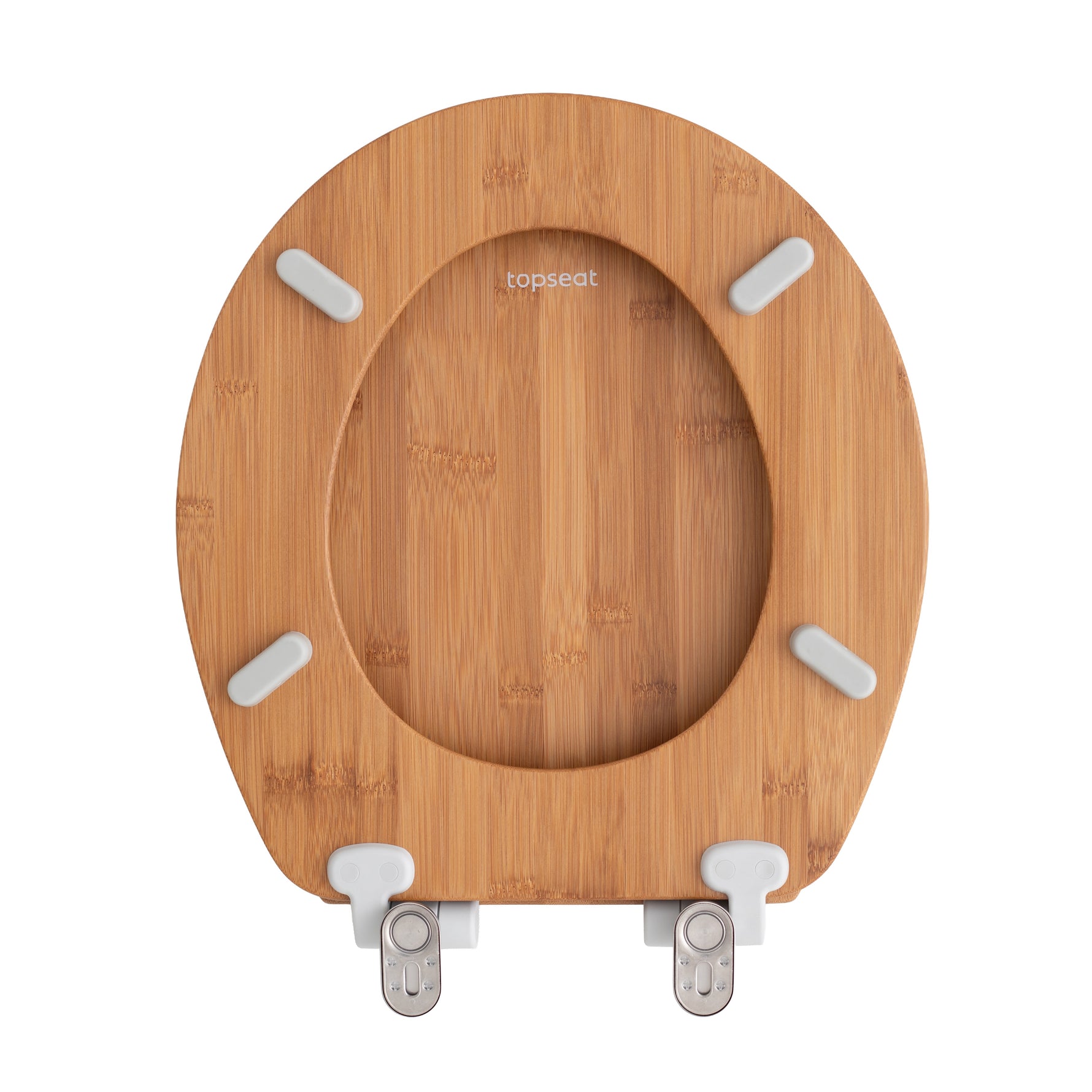 Underside view of the Topseat round bamboo toilet seat, displaying the engraved logo, four SecureGrip bumpers to prevent shifting, and the magnetic quick-release hinge hardware.
