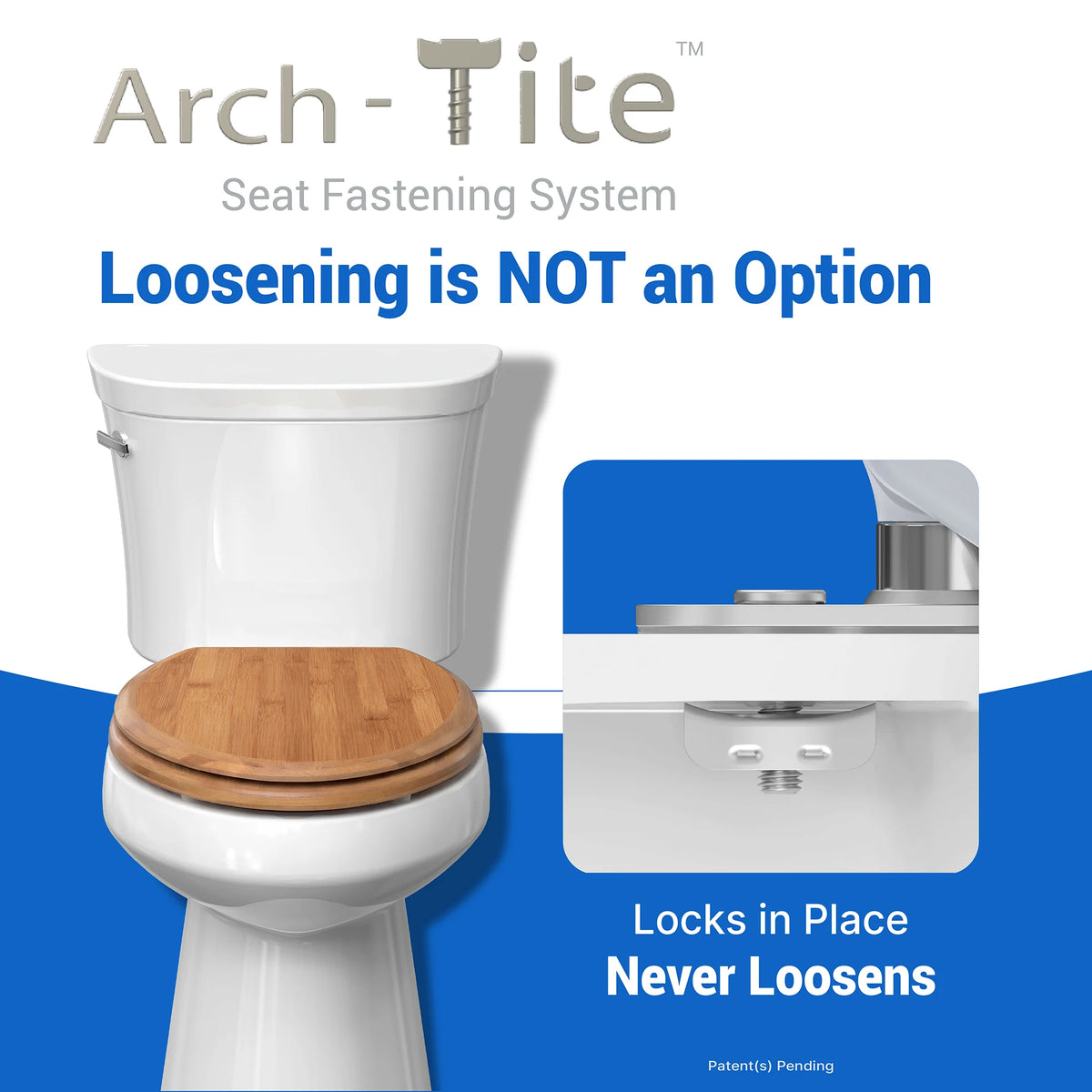 Topseat round bamboo toilet seat with Arch-Tite™ mounting hardware designed to resist loosening and reduce side-to-side movement.