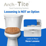 Topseat round bamboo toilet seat with Arch-Tite™ mounting hardware designed to resist loosening and reduce side-to-side movement.