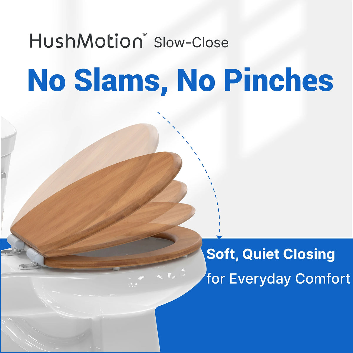 Topseat round bamboo toilet seat with HushMotion™ slow-close hinges for quiet, gradual closing.
