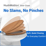 Topseat round bamboo toilet seat with HushMotion™ slow-close hinges for quiet, gradual closing.