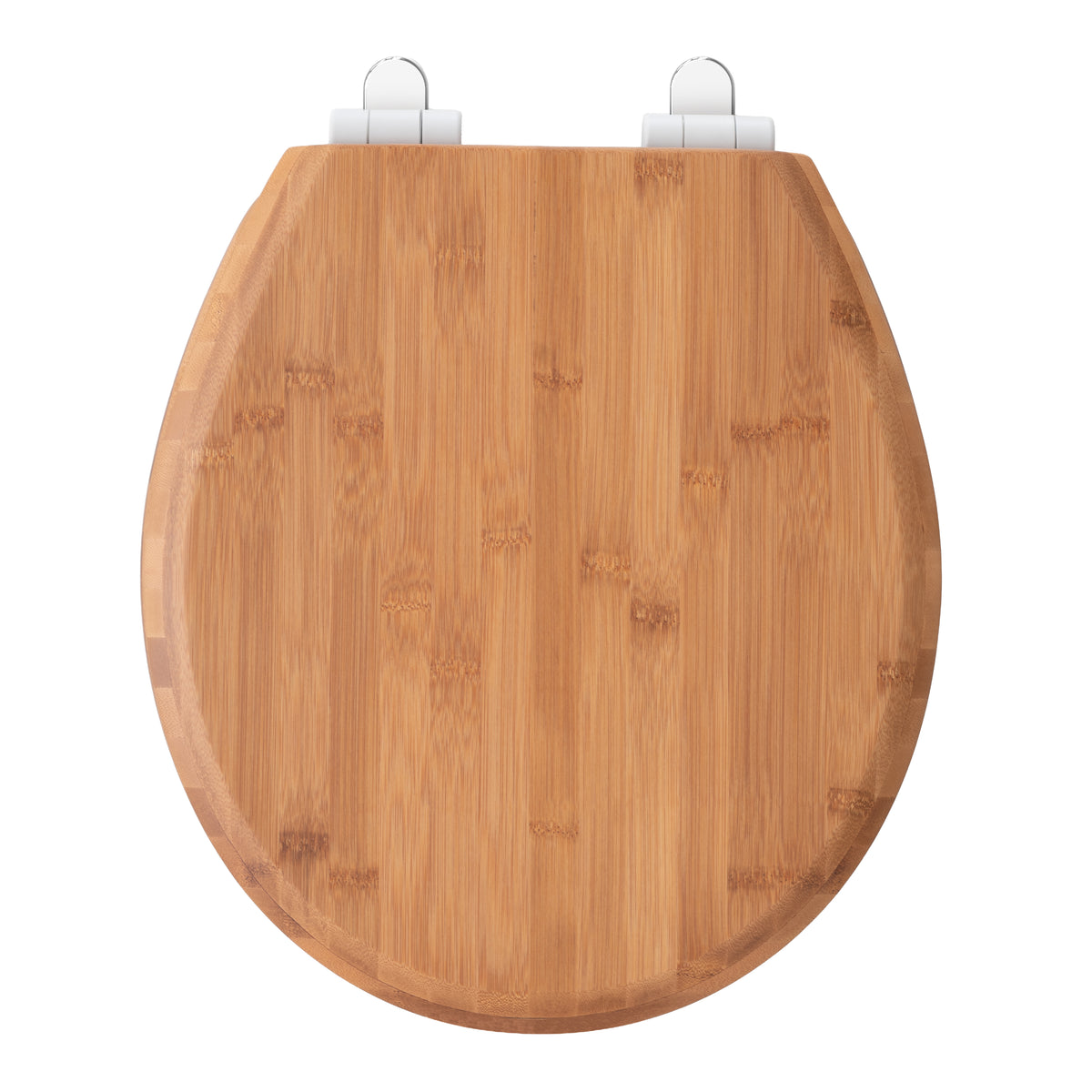 Top-down view of the closed Topseat round bamboo toilet seat, emphasizing the seamless natural bamboo finish and the durable metal hinge covers.