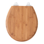Top-down view of the closed Topseat round bamboo toilet seat, emphasizing the seamless natural bamboo finish and the durable metal hinge covers.