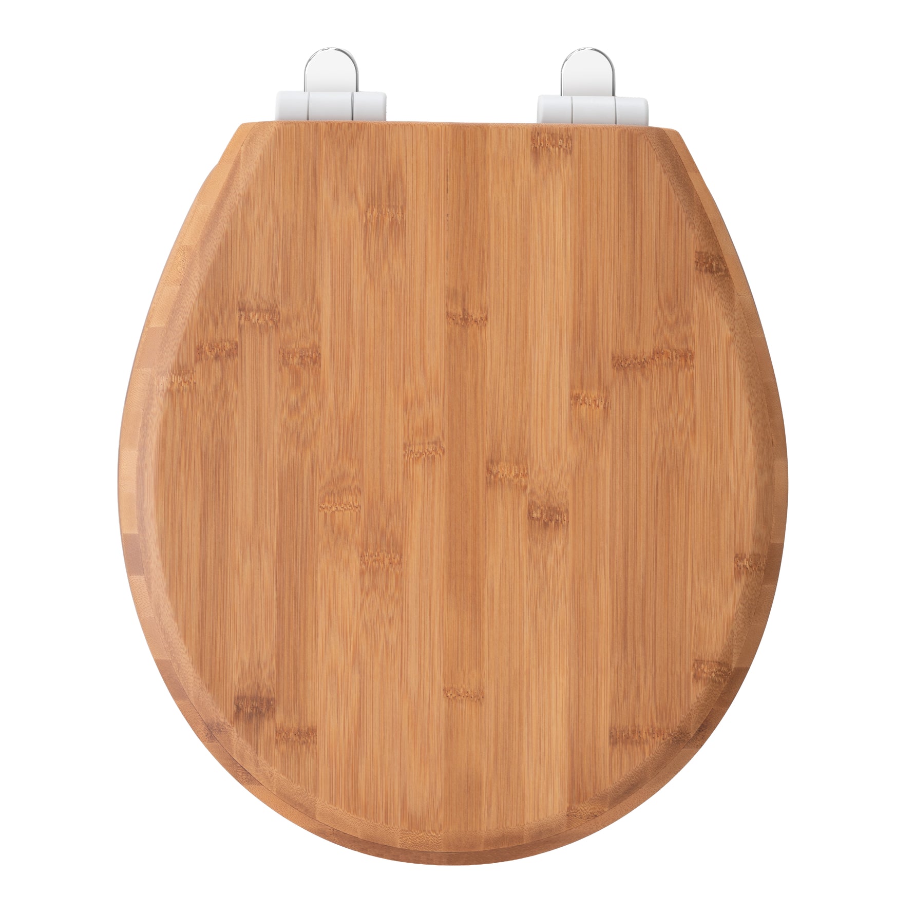 Top-down view of the closed Topseat round bamboo toilet seat, emphasizing the seamless natural bamboo finish and the durable metal hinge covers.