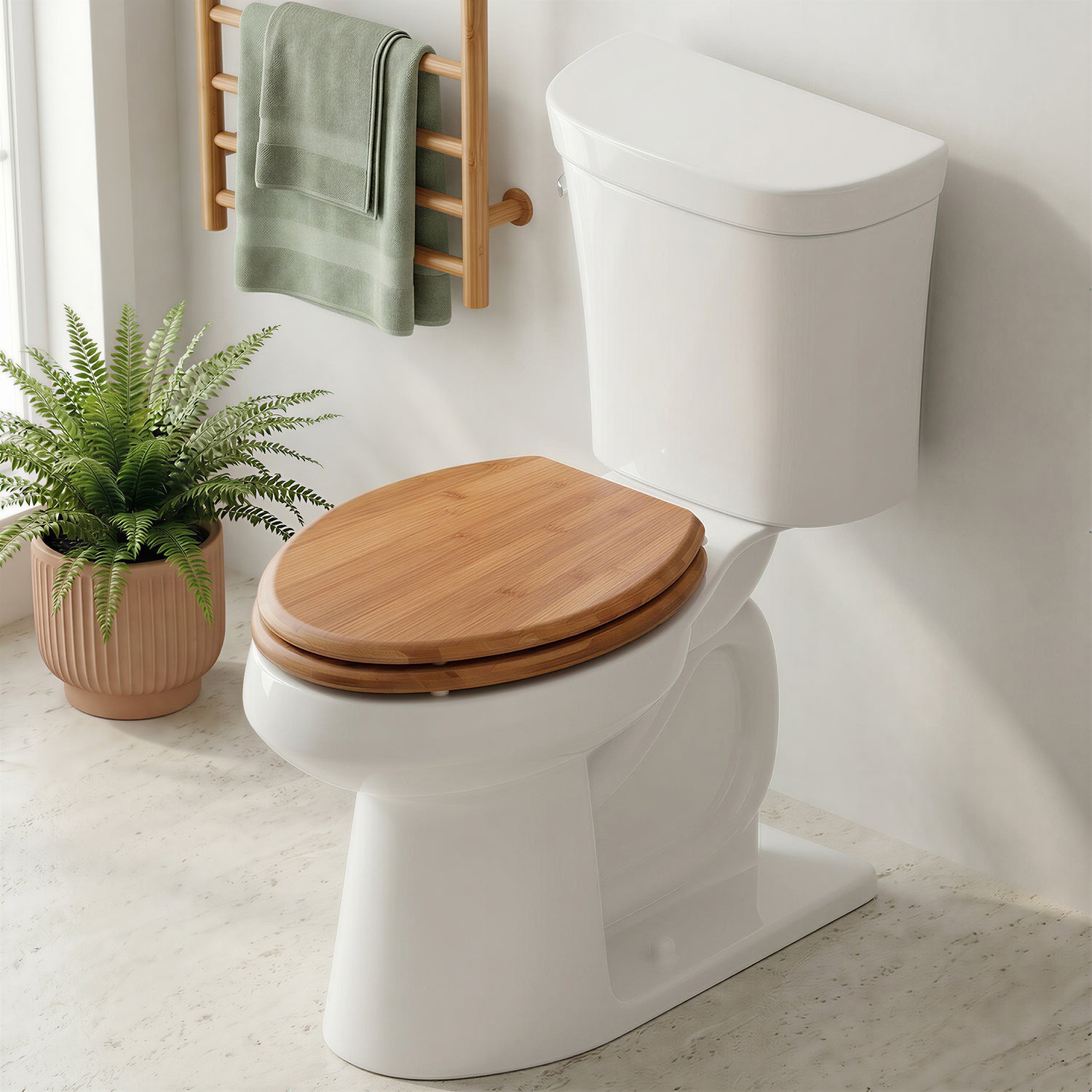 Lifestyle view of the natural Topseat Bamboo toilet seat installed on a white toilet in a bright, modern bathroom setting, showcasing its warm wood grain and organic aesthetic.