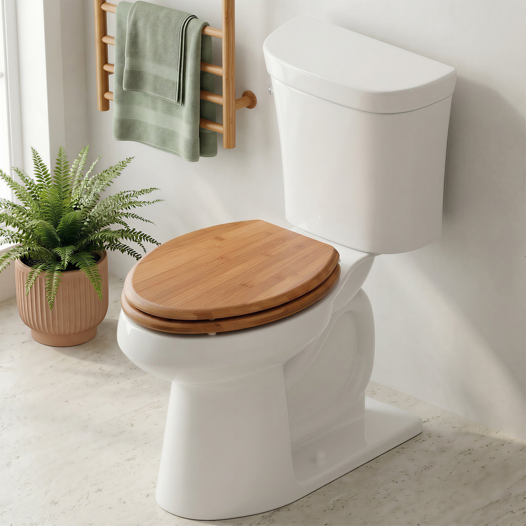 Lifestyle view of the natural Topseat Bamboo toilet seat installed on a white toilet in a bright, modern bathroom setting, showcasing its warm wood grain and organic aesthetic.