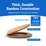 Topseat multi-layer bamboo toilet seat showing 0.67 inch thickness, designed to be 12 percent thicker than comparable wooden seats for enhanced durability.