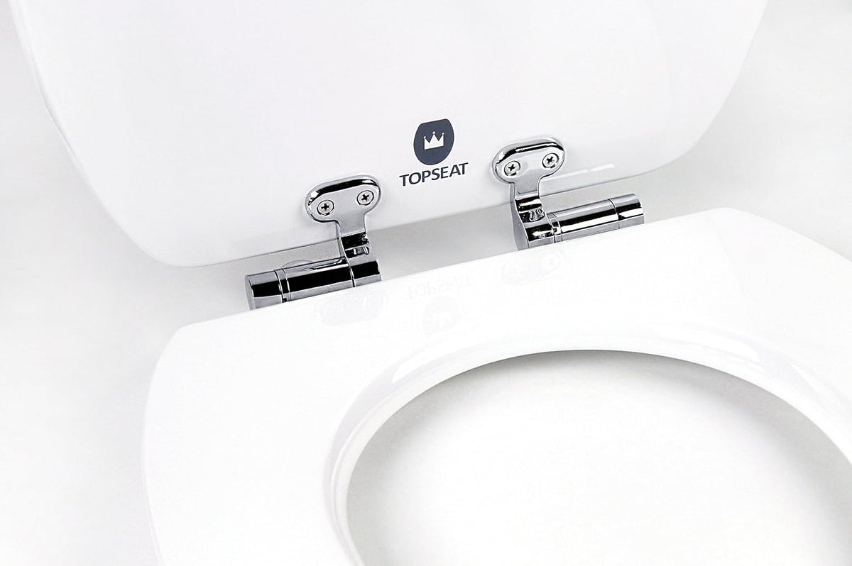 Close-up of chromed slow-close hinges on the topseat Beach wood toilet seat with the lid raised