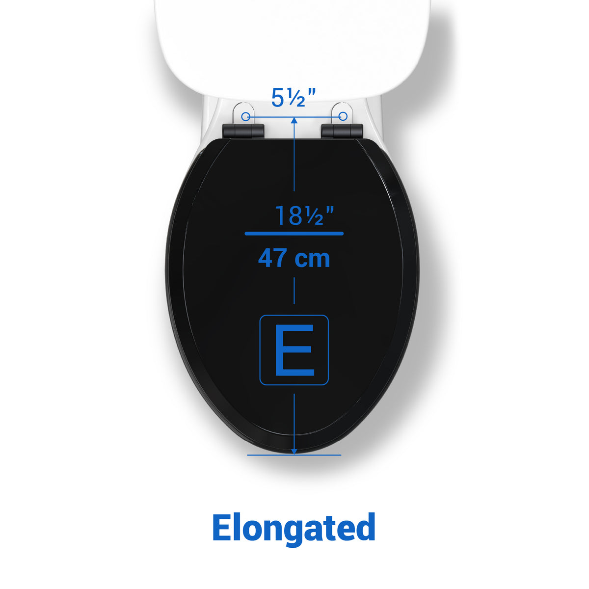 Topseat black elongated toilet seat measurement guide showing 18.5-inch length and 5.5-inch mounting hole spacing