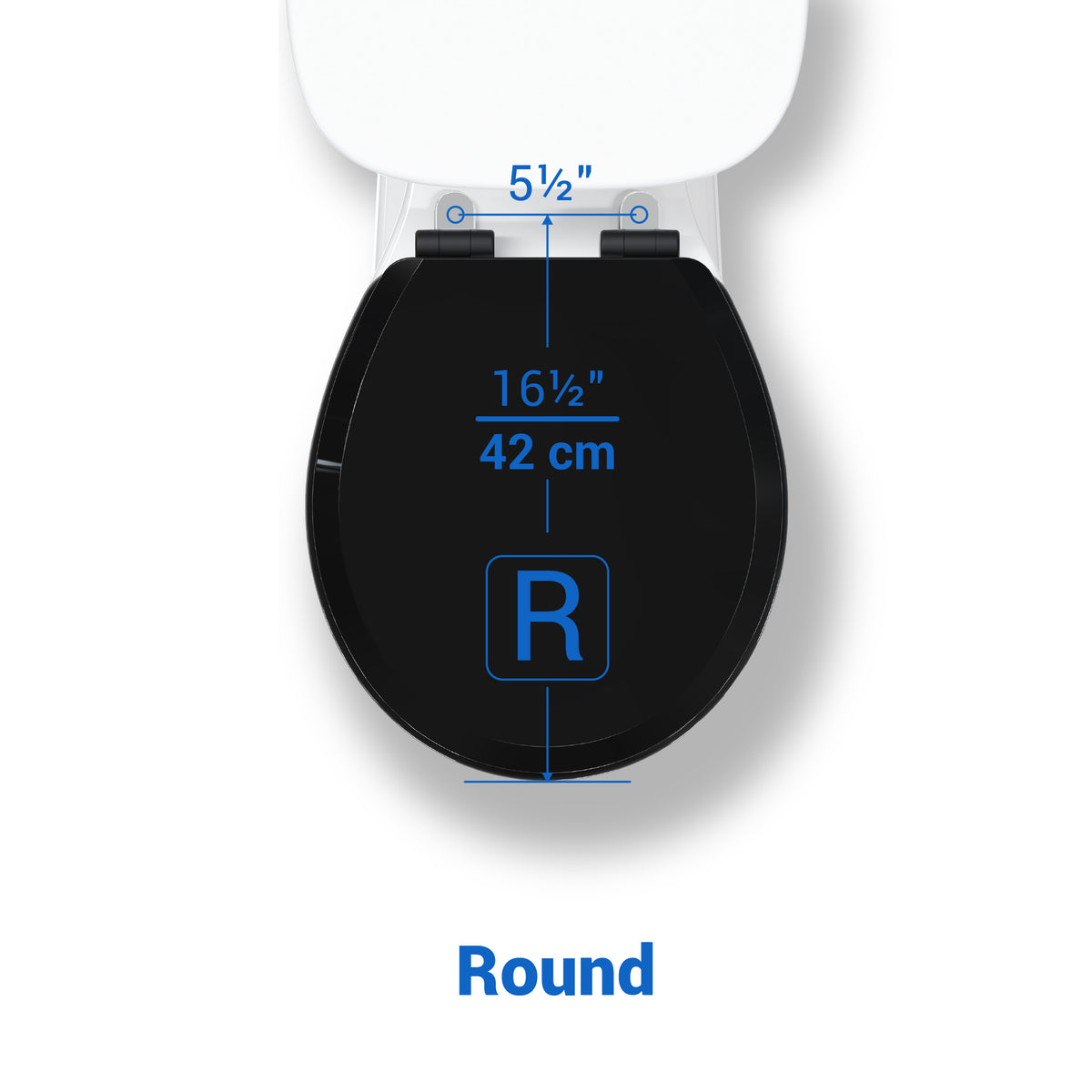 Topseat black round toilet seat measurement guide showing 16.5-inch length and 5.5-inch mounting hole spacing