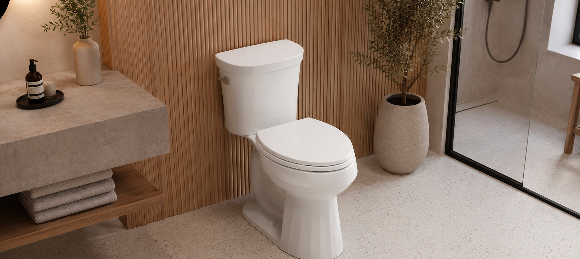 Topseat toilet seat installed in a modern minimalist bathroom lifestyle setting for the buying guide home banner